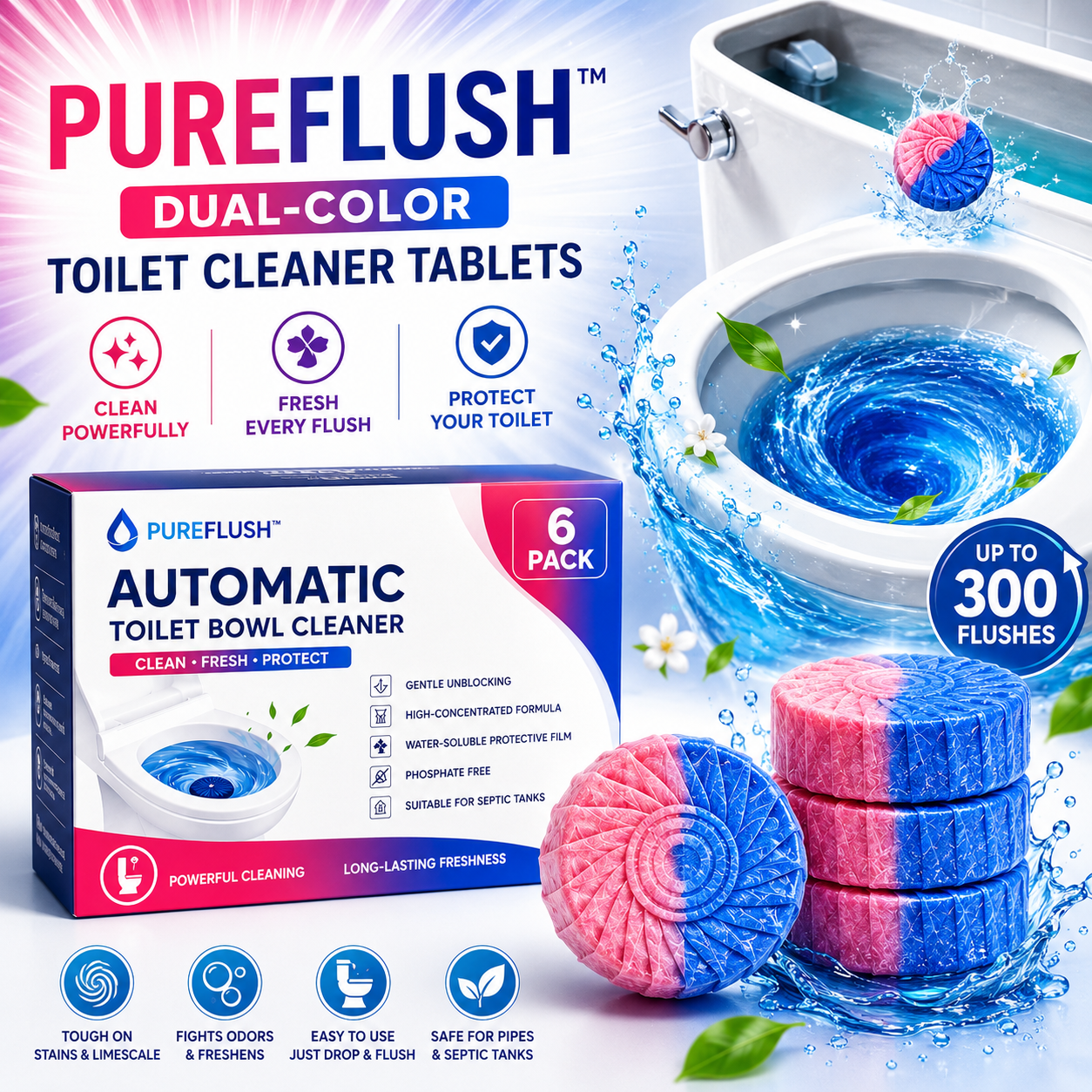 PureFlush™ Dual-Color Toilet Cleaner Tablets